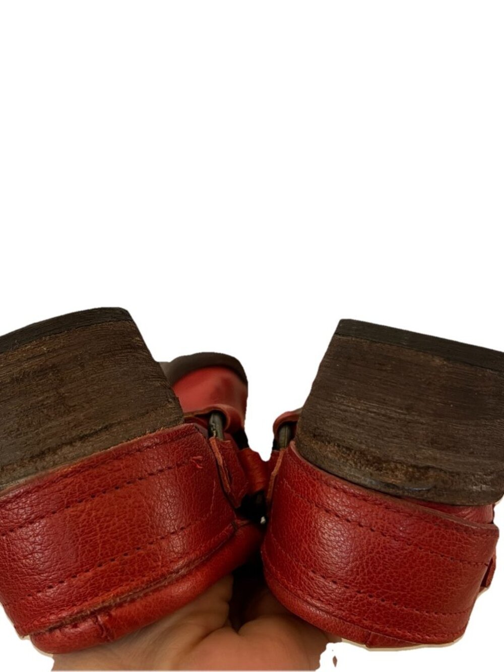 Frye Red Leather Harness Mules 9 Womens Biker Moto Almond Toe Slip On Low Heel - Picture 10 of 11